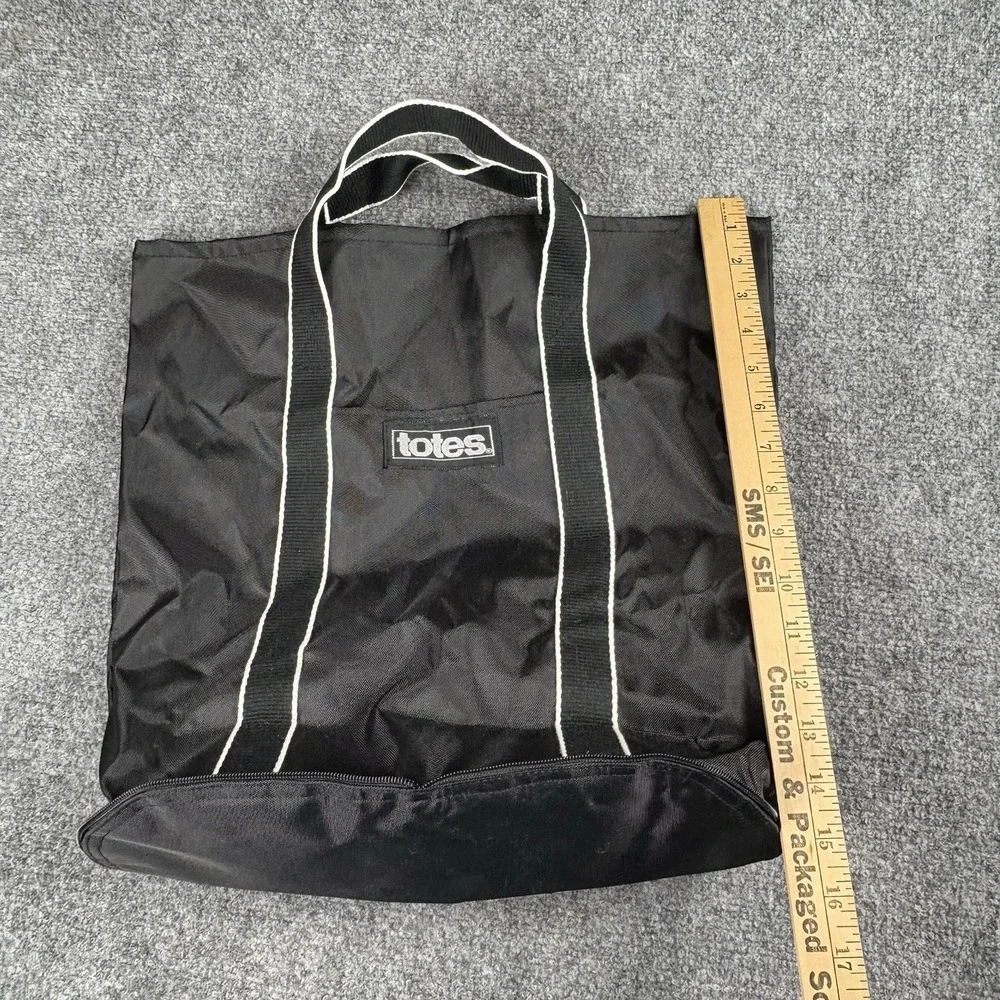 Y2K TOTES Black Nylon Tote Bag Collapses Into Small Zip Pouch Casual Utility VTG
